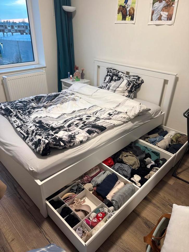 Wit bed met opberglades, Huis en Inrichting, Slaapkamer | Bedden, Zo goed als nieuw, Tweepersoons, 160 cm, 200 cm, Hout, Wit, Ophalen