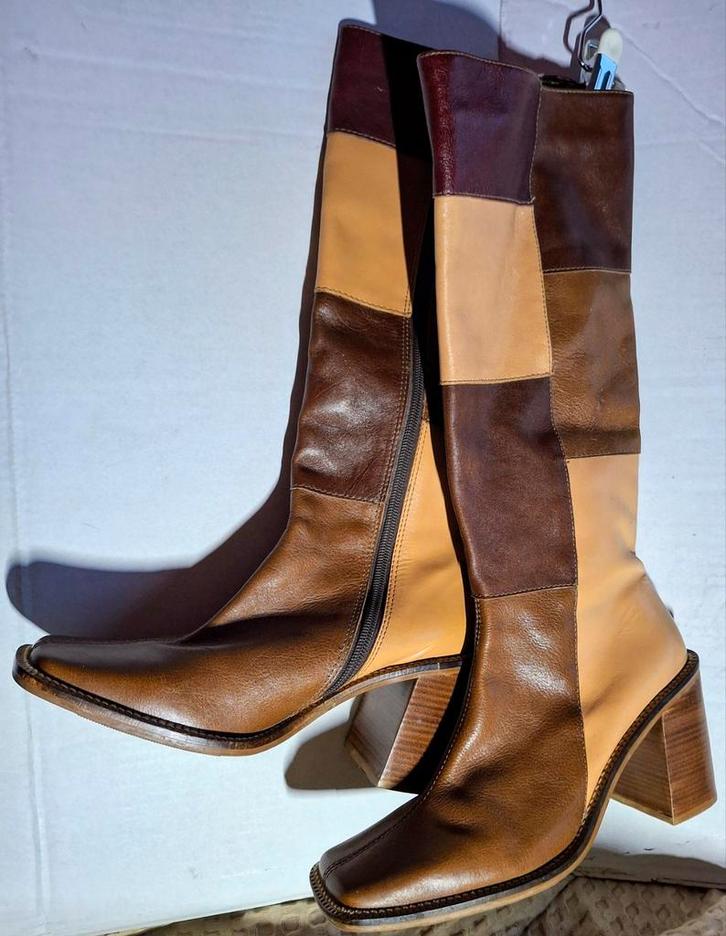 Vintage JK Patchwork Leren Laarzen - Maat 38, Kleding | Dames, Schoenen, Zo goed als nieuw, Hoge laarzen, Bruin, Ophalen of Verzenden