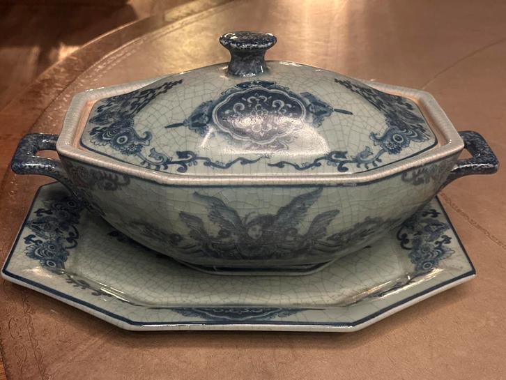 Porseleinen Terrine met Schotel en Deksel Craquelé D, Antiek en Kunst, Antiek | Porselein, Ophalen of Verzenden