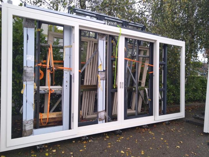 Hardhout schuifpui met 2 schuifdeuren 4 vakken, Doe-het-zelf en Verbouw, Deuren en Horren, Nieuw, Buitendeur, 215 cm of meer, 120 cm of meer