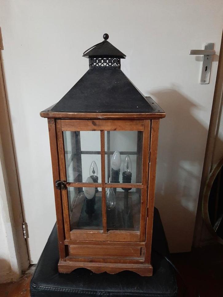 Houten Lantaarn met Metalen Top met 5 lichten, Huis en Inrichting, Lampen | Overige, Zo goed als nieuw, Ophalen of Verzenden