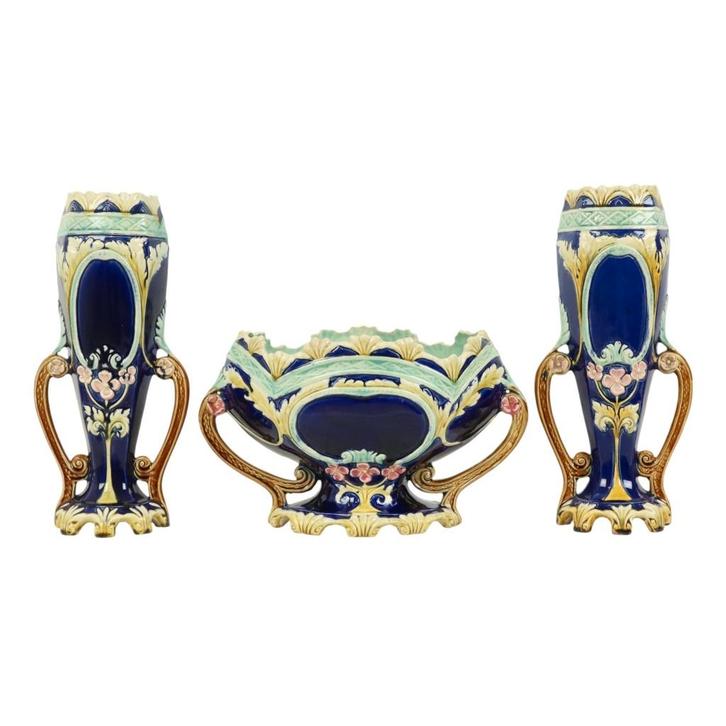 Art Nouveau Barbotine Majolica Vazen Jardinière Set van 3, Antiek en Kunst, Antiek | Vazen, Ophalen of Verzenden