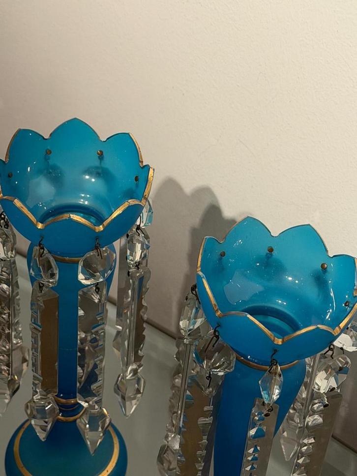 Blauw Opaline Luster met Kristallen, Antiek en Kunst, Antiek | Glas en Kristal, Ophalen