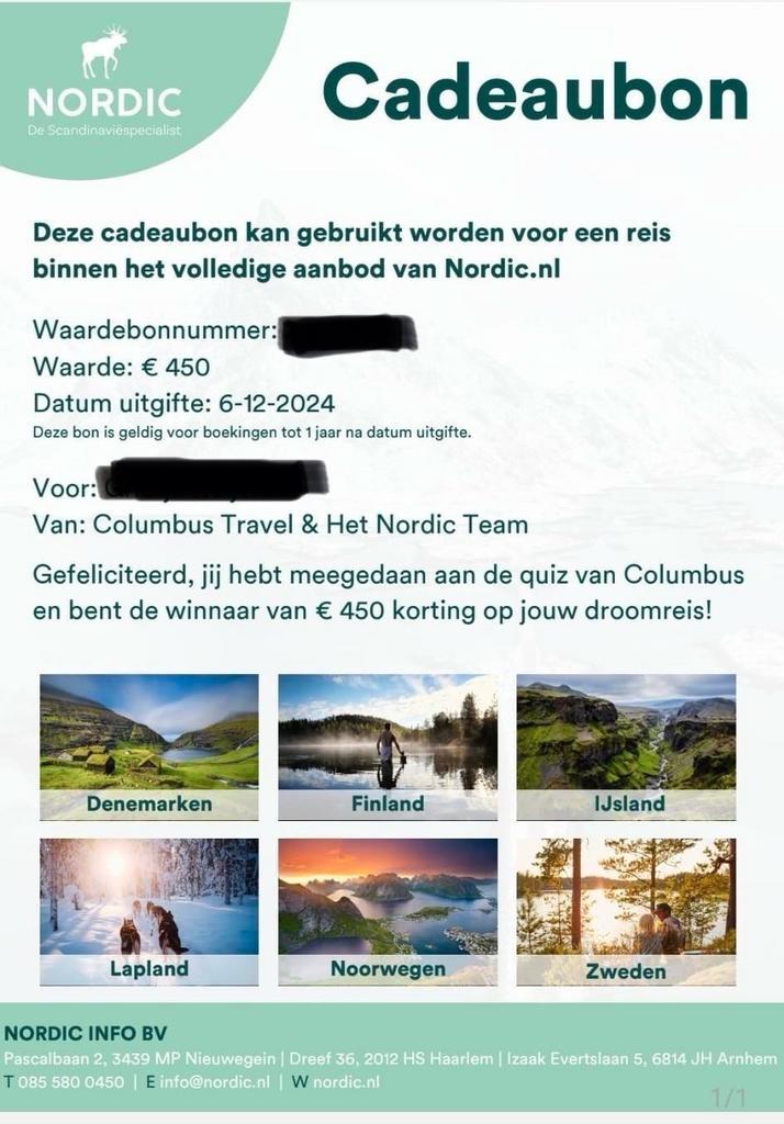 Waardebon twv 450 euro voor een reis van Nordic, Tickets en Kaartjes, Kortingen en Cadeaubonnen, Eén persoon, Overige typen, Cadeaubon