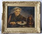 Antiek schilderij van een lezende oude dame in klederdracht., Antiek en Kunst, Ophalen of Verzenden