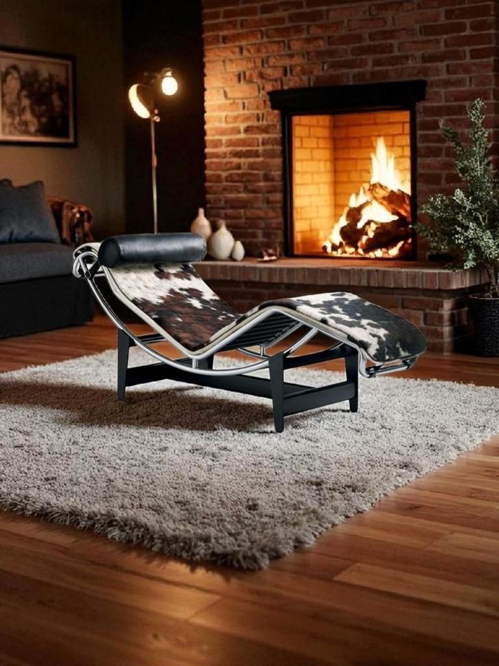 Corbusier LC4 Chaise Longue met Koeienhuid, Huis en Inrichting, Fauteuils, Zo goed als nieuw, Leer, Metaal, 150 cm of meer, Ophalen of Verzenden
