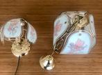 Vintage set messing en glas lampen met bloemmprint, Ophalen of Verzenden
