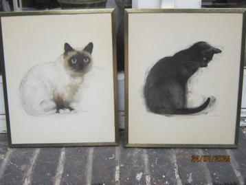 2 Leuke Poezenprenten in Goudkl Lijstjes Moos Stage beschikbaar voor biedingen