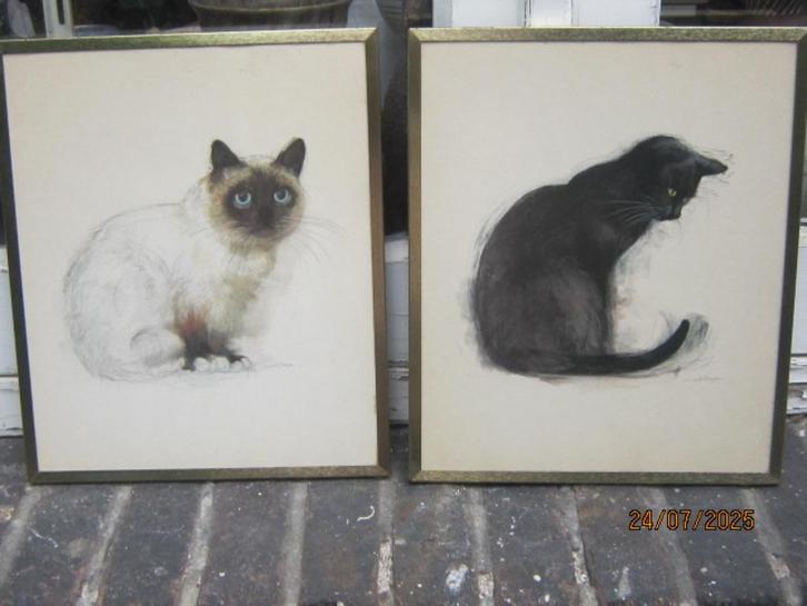 2 Leuke Poezenprenten in Goudkl Lijstjes Moos Stage, Verzamelen, Foto's en Prenten, Gebruikt, Dier, 1980 tot heden, Ophalen