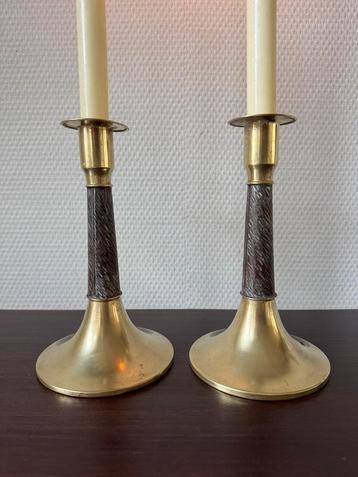 Set van 2 Messing Koperen Kandelaren met ''Boom'' Tussenstuk beschikbaar voor biedingen