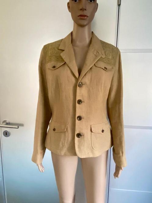 J323 Ralph Lauren maat 42=L jasje linnen+leer blazer colbert, Kleding | Dames, Jasjes, Kostuums en Pakken, Zo goed als nieuw, Jasje