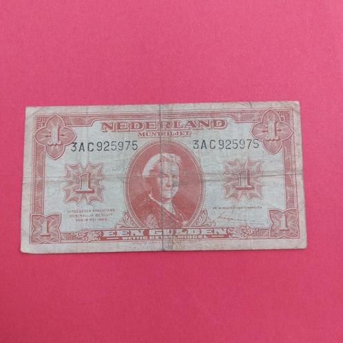 1 gulden muntbiljet uit 1945. ZFR-
Serie nummer 1 AD 874871, Postzegels en Munten, Bankbiljetten | Nederland, Los biljet, 1 gulden