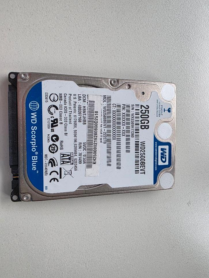 Western Digital Scorpio Blue 250GB 2,5″ SATA HDD, Computers en Software, Harde schijven, Gebruikt, Desktop, Intern, HDD, SATA