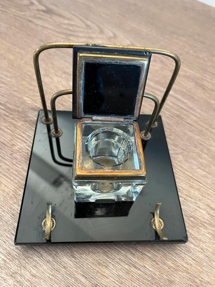 Vintage Inktpot Schrijfset Zwart Glas + /- 1900 jaren, Antiek en Kunst, Antiek | Kantoor en Zakelijk, Ophalen of Verzenden