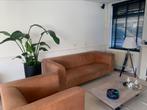 Mooie design cognac kleurige lederen bank en fateuil, Huis en Inrichting, Ophalen, Gebruikt