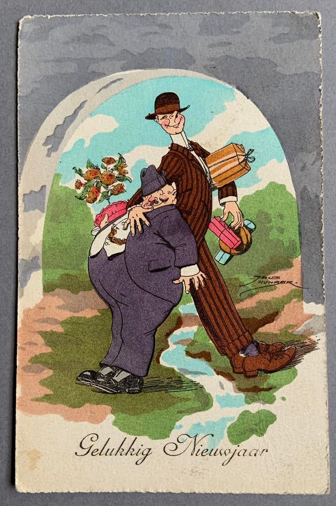 Leuk geïllustreerde kaart ,,De Dikke en De Dunne”, Verzamelen, Ansichtkaarten | Themakaarten, Ophalen of Verzenden, Sterren en Beroemdheden