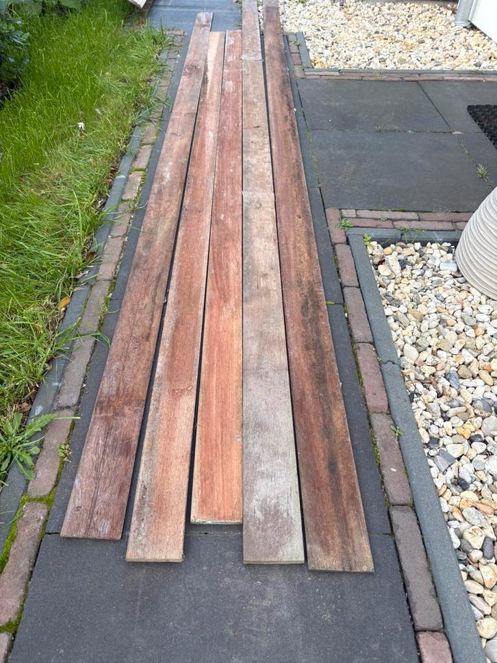 7 stuks meranti teak latten, Tuin en Terras, Palen, Balken en Planken, Zo goed als nieuw, Palen, 250 cm of meer, Ophalen
