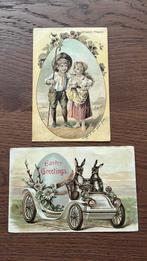 Pasen.Meisje lang haar met lam,jongen stok paashazen in auto, Verzenden, Voor 1920, Overige thema's