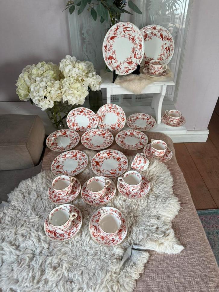 Crescent 8 pers antiek vogel porseleinen servies, Antiek en Kunst, Antiek | Servies compleet, Ophalen of Verzenden