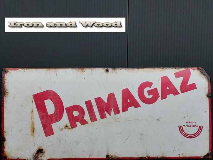 Oud emaille groot vintage wandbord primagaz- afm. 40 x 90, Antiek en Kunst, Antiek | Emaille, Ophalen of Verzenden