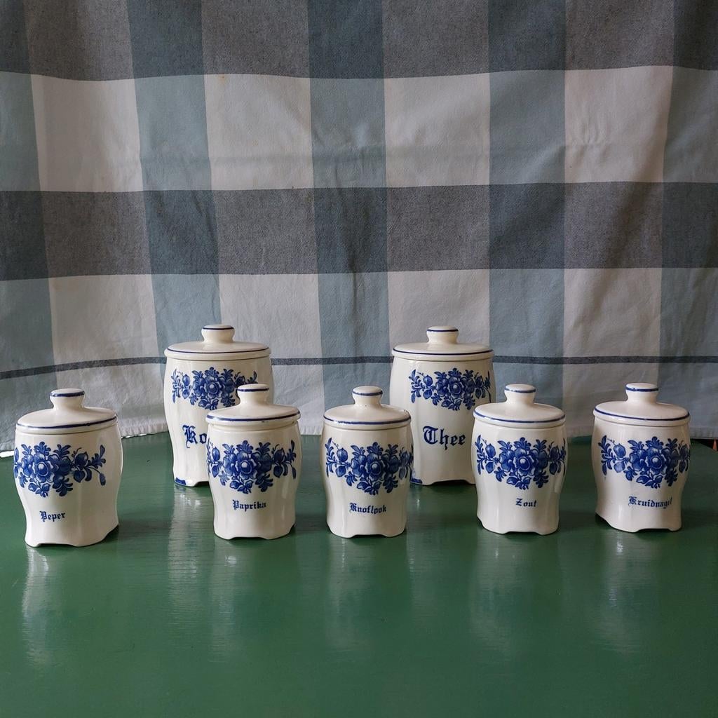 Vintage Aardewerk Kruidenpotjes met Blauw Decor, Ophalen of Verzenden, Gebruikt