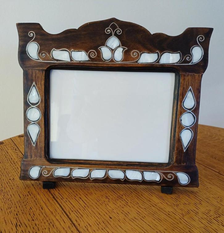 Vintage houten fotolijstje met parelmoer en glasplaat, Huis en Inrichting, Woonaccessoires | Lijsten, Zo goed als nieuw, Minder dan 50 cm