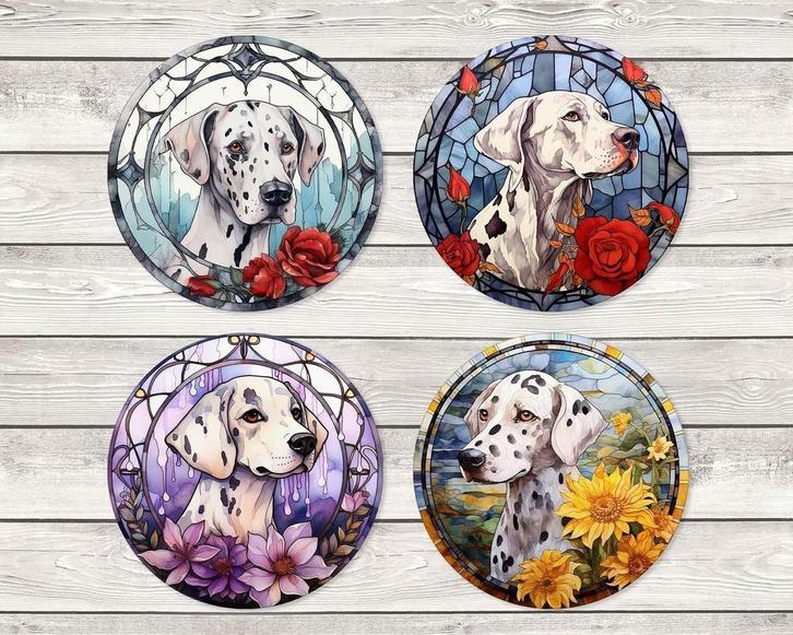 Dalmatiër Glas in Lood onderzetters met houder rond, Huis en Inrichting, Woonaccessoires | Onderzetters, Nieuw, Glas of Kopje