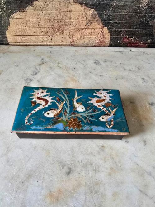 Geëmailleerd koperen doosje zeepaardjes vissen, Antiek en Kunst, Antiek | Koper en Brons, Ophalen of Verzenden