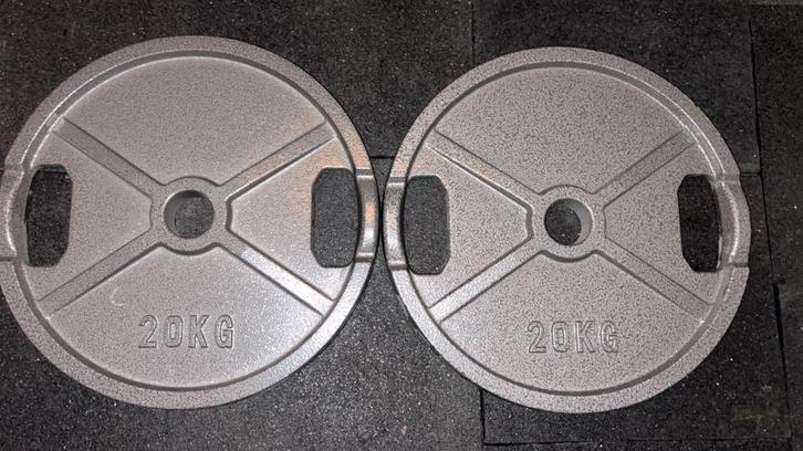 2x 20kg Olympische Halterschijven (Nieuw!), Sport en Fitness, Fitnessmaterialen, Zo goed als nieuw, Ophalen