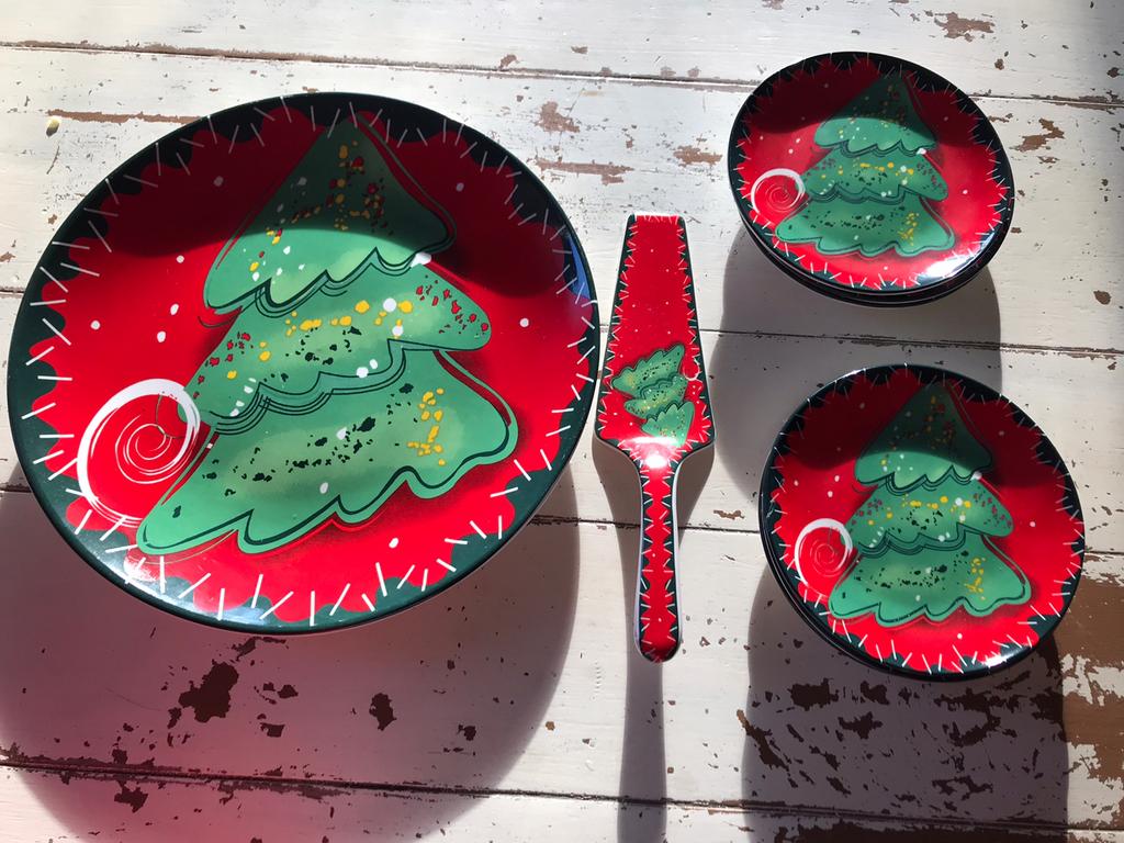 Plateau voor taart met opschepper en zes schotels, Diversen, Kerst, Ophalen, Zo goed als nieuw