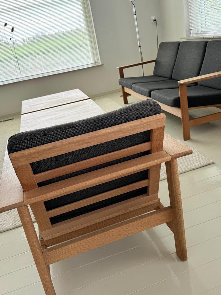 Deens design zithoek (Søren Holst), Huis en Inrichting, Stoelen, Gebruikt, Vier, Hout, Stof, Bruin, Ophalen