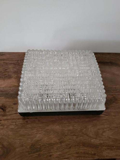 Vintage glazen plafondlamp/plafonniere, Huis en Inrichting, Lampen | Plafondlampen, Zo goed als nieuw, Glas, Metaal, Ophalen of Verzenden