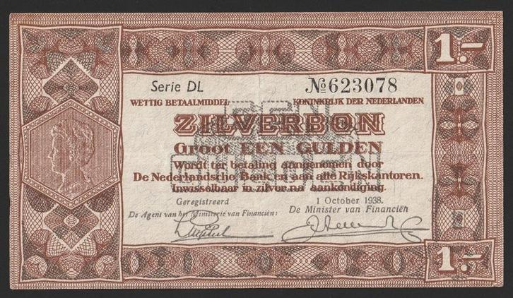 1 gld zilverbon 1938 DL 623078 mooi exemplaar, Postzegels en Munten, Bankbiljetten | Nederland, 1 gulden, Ophalen of Verzenden