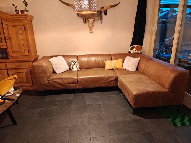 Goossens Marshall Hoekbank Leder Buffalo Bruin + Hocker, Huis en Inrichting, Banken | Bankstellen, Gebruikt, Hoekbank, Vierpersoons of meer