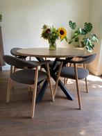 Ronde eiken tafel met stalen onderstel - 110cm, Ophalen, Gebruikt, 100 tot 150 cm, Vier personen