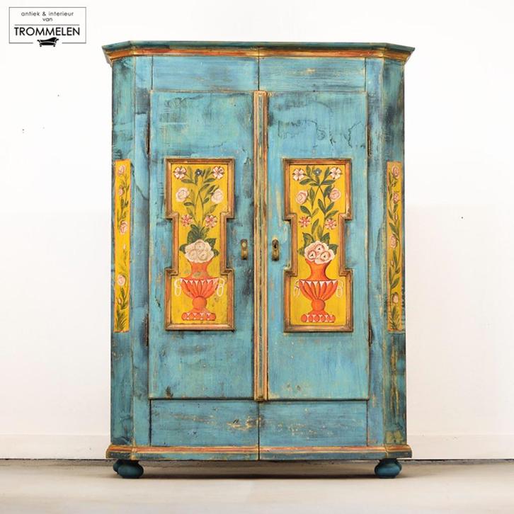 Antieke Beschilderde Volkskunst Bruidskasten Kisten Meubels, Huis en Inrichting, Kasten | Overige, Gebruikt, Ophalen