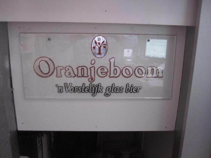 Oranjeboom bier reclameglasplaat uit de jaren 50., Verzamelen, Biermerken, Zo goed als nieuw, Reclamebord, Plaat of Schild, Oranjeboom