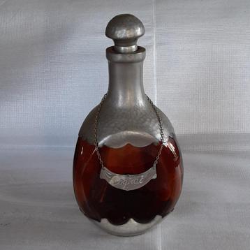 Oude bruine glazen karaf/ fles ( cognac ) met tin Daalderop beschikbaar voor biedingen