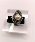 Zilveren vintage ring maat 19 markasieten parel 925 zilver, 19 tot 20, Ophalen of Verzenden, Zo goed als nieuw, Dame