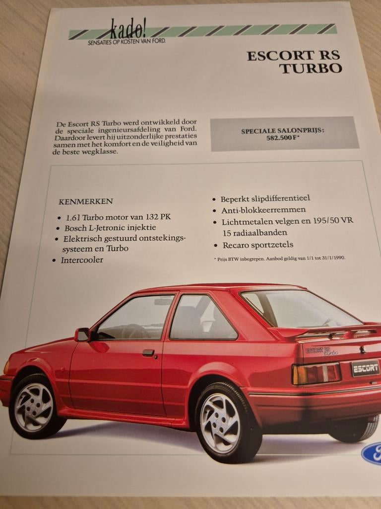 1990 Nederlands Ford Escort RS TURBO MK4 132pk brochure, Boeken, Ophalen of Verzenden, Zo goed als nieuw, Ford