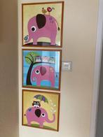 3 schilderijen met roze olifanten, Ophalen of Verzenden