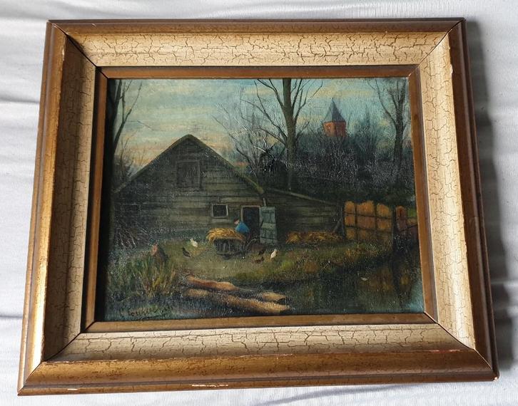 Werkende boer op zijn boerderij., Antiek en Kunst, Kunst | Schilderijen | Klassiek, Ophalen of Verzenden