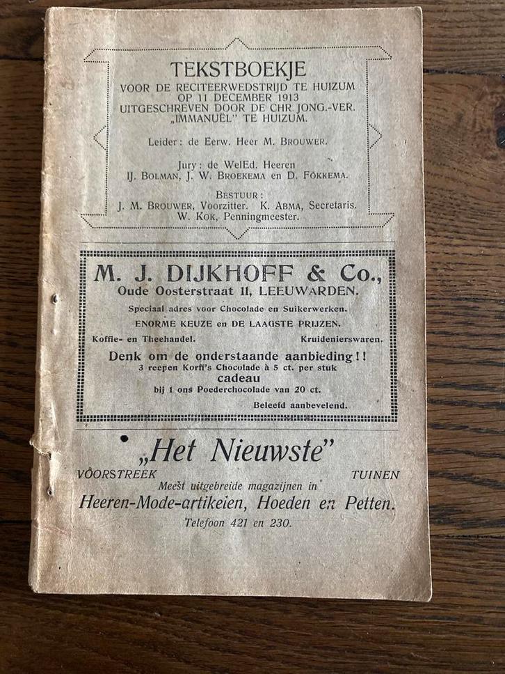 Tekstboekje Reciteerwedstrijd Huizum 1913, Antiek en Kunst, Antiek | Boeken en Bijbels, Ophalen of Verzenden