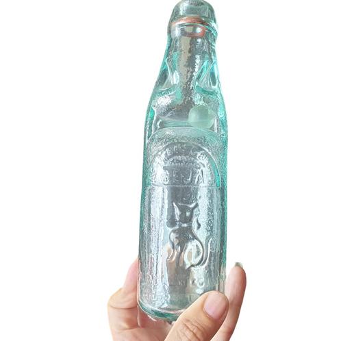 Glazen kogel flesje met kat afbeelding Agua das Caeiras 1701, Antiek en Kunst, Curiosa en Brocante, Ophalen of Verzenden