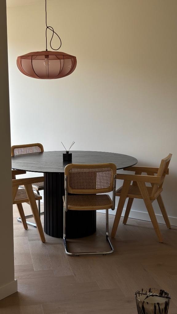 Eettafel + 4 stoelen, Huis en Inrichting, Tafels | Eettafels, Gebruikt, 100 tot 150 cm, 100 tot 150 cm, Vier personen, Rond, Overige houtsoorten