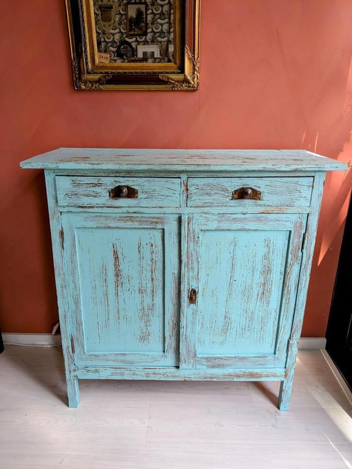 Brocante Blauwe Commode Dressoir Ibiza, Huis en Inrichting, Kasten | Dressoirs, Zo goed als nieuw, 100 tot 150 cm, 25 tot 50 cm