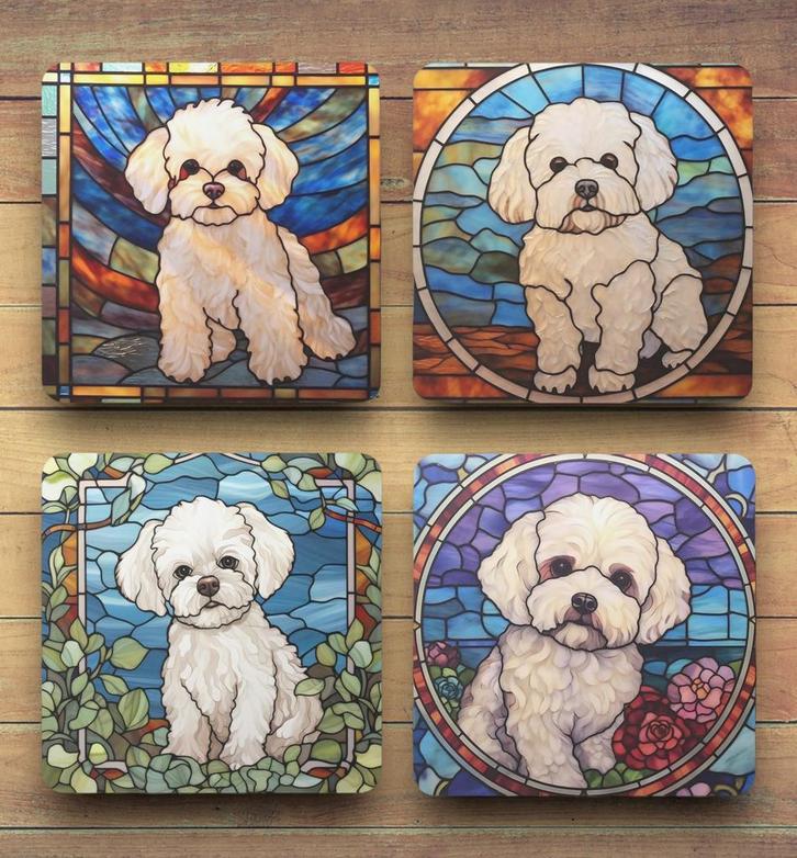 Bichon Glas in Lood onderzetters met houder, Huis en Inrichting, Woonaccessoires | Onderzetters, Nieuw, Glas of Kopje, Ophalen of Verzenden