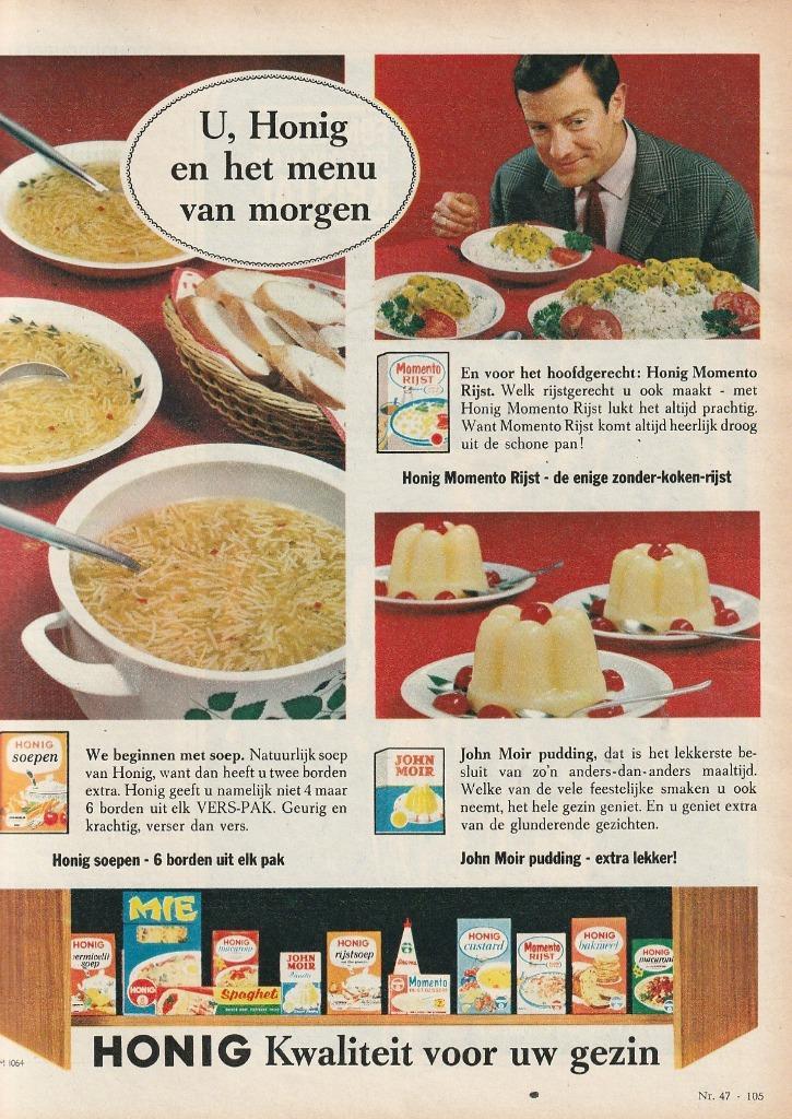 Retro reclame 1964 Honig John Moir pudding extra lekker, Verzamelen, Retro, Overige typen, Verzenden