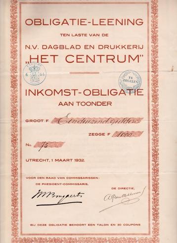 OBLIGATIE - LEENING DAGBLAD EN DRUKKERIJ 1932 UTRECHT beschikbaar voor biedingen
