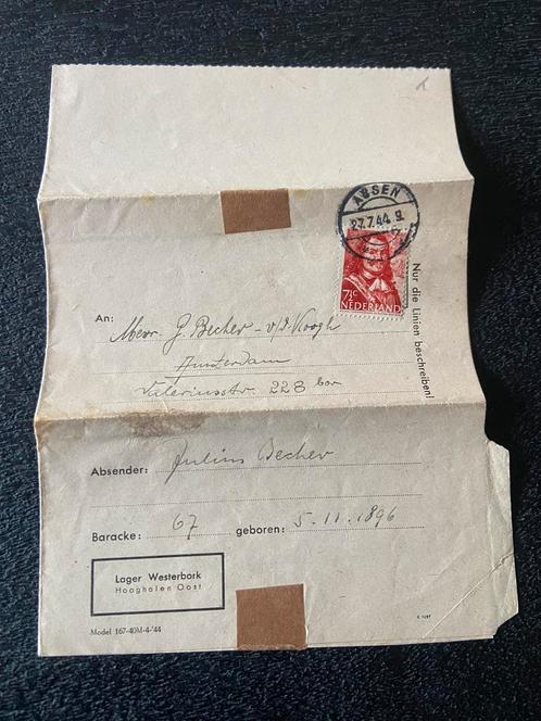 Zeldzaam Lager Westerbork Hooghalen Oost Assen brief, Verzamelen, Militaria | Algemeen, Nederland, Ophalen of Verzenden